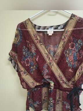 Plenty by Tracy Reese Burgundy Floral Wrap Blouse with Blue & Pink Accents